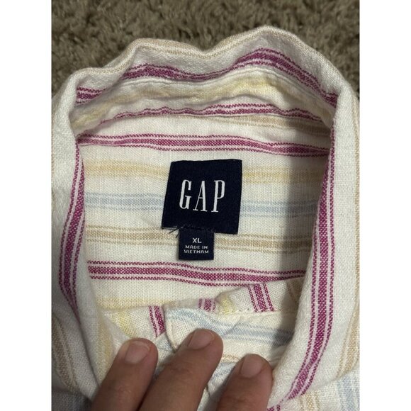 GAP White/Pink Stripe Linen Blend Button Up Shirt Beach Coastal Travel Relax XL - Picture 3 of 9